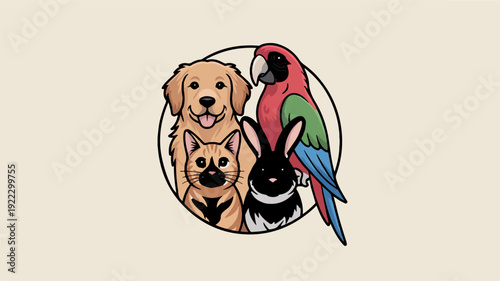 Friendly dog puppy and exotic parrot with rabbit in a colorful circle on beige background