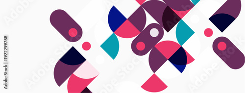 Abstract geometric shapes overlap, creating vibrant composition. Pink, purple, teal hues dominate white background. Modern design elements present.