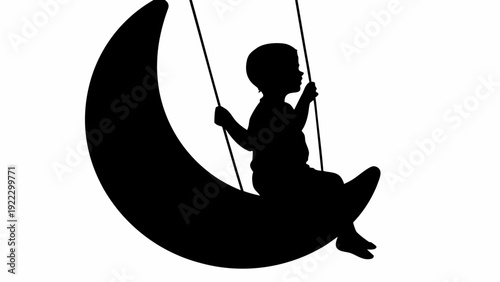 Child swinging on crescent moon silhouette