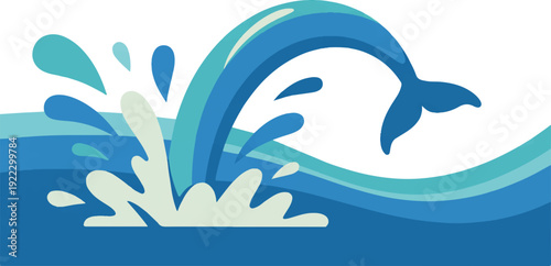 Whale tail jumping out of ocean wave with splashing water dynamic marine life illustration
