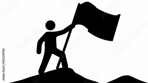Person standing on hill holding flag in victory pose