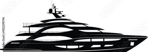 Luxury yacht silhouette vector illustration, modern superyacht profile design, black boat icon isolated on white background marine concept