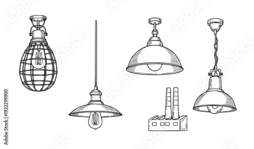 Industrial hanging ceiling lamps outline vector set