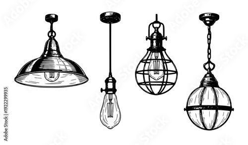 Vintage hanging lamp sketch black and white vector
