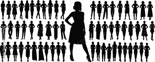 Women silhouettes collection vector illustration, female standing poses set, fashion lady figures black icons isolated white background design