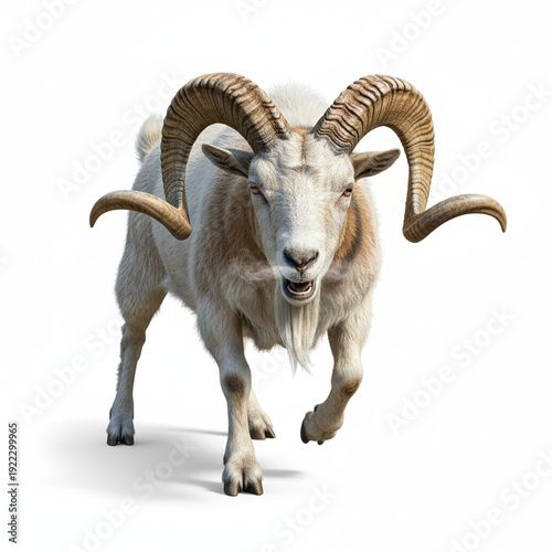 Powerful white goat with massive curving horns charges dynamically. Its intense gaze and stride against a clean background embody raw strength and untamed spirit