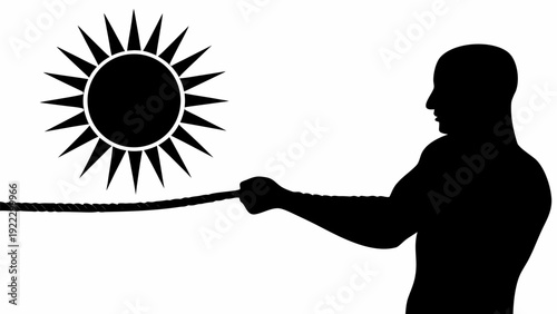 Man pulling rope with sun symbol at the end tightly