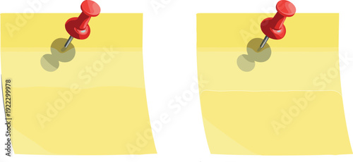 Set of blank yellow sticky notes attached with red push pins for reminders and office stationary flat vector illustration