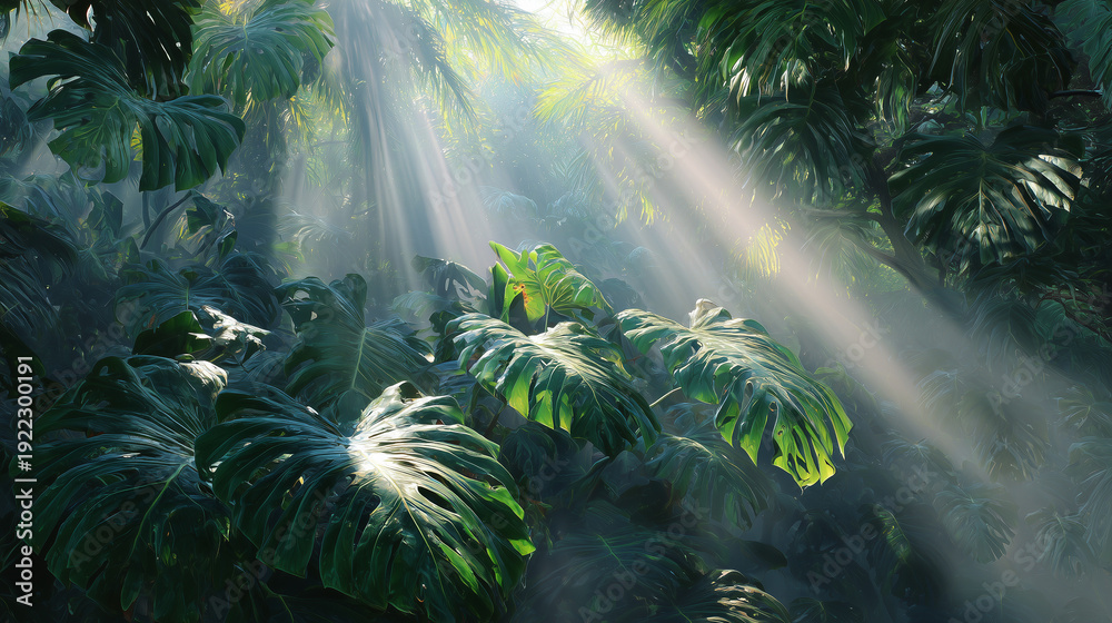 Naklejka premium Ai Sunlight filtering through green leaves in a dense jungle during daytime