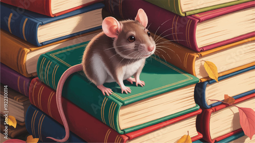 A curious brown mouse sits on top of a stack of colorful books in a cozy library setting with warm lighting