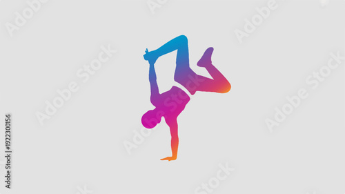 Flexible dancer in colorful gradient outfit performs acrobatic pose on gray background with elegance and balance