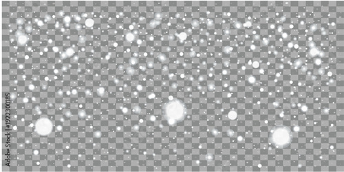 A gentle snowfall effect illustrated with varying sizes of white flakes on a transparent background