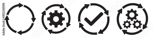 Sync process set, icon reload set, circle arrow with gear wheel, recycling recurrence, renewal sync processing icons