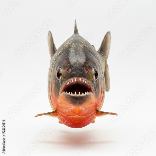 Close-up front view of a ferocious piranha fish with its sharp teeth exposed against a clean white background, showcasing its intimidating aquatic presence in vivid detail