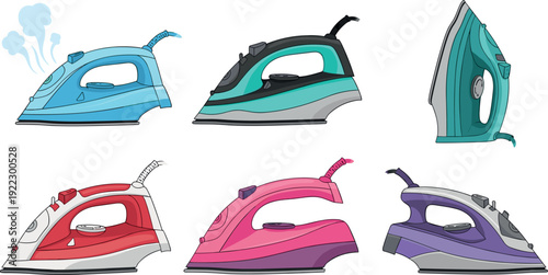 Set of modern electric clothes irons in various colors including blue pink red and purple for household appliance and laundry service concept flat vector illustration