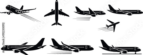 Airplane silhouette illustration, commercial aircraft vector, aviation design artwork, passenger plane drawing, flight motion graphic, black and white icon