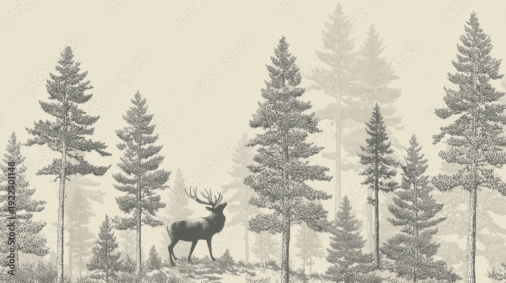 Obraz premium Ai Stag in a forest standing among tall trees in a black and white illustration