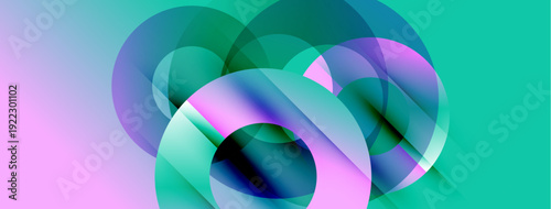 Abstract composition featuring overlapping translucent circles. Colors blend from purple, teal, to turquoise creating dynamic visual effect.