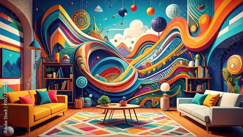 A colorful living room with an abstract wall, couches, and a coffee table