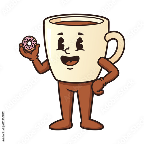 A cartoon coffee mug character holding a donut, standing upright with a smile, anthropomorphic illustration, b13.eps reference, humorous scene depiction
