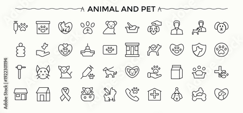 Animal And Pet line icon set. Contains such symbols as dog, kitten, animal, puppy and more. Animal Care icon collection. Set of line pictogram. Vector illustration.