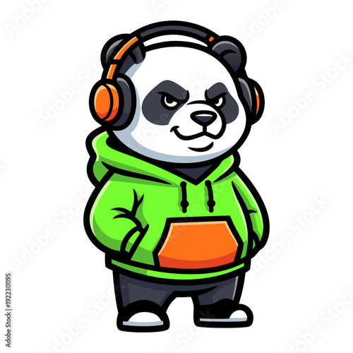 Illustration of a cartoon panda wearing headphones and a hoodie standing confidently in a graphic style