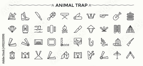 Animal Trap icon set. Minimalist editable vector stroke. Contains such symbols as bait, hunting, wildlife, animal, catch. Signs for web and mobile app. Animal vector icon set.