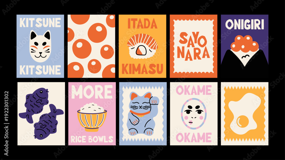 Fototapeta premium Minimalist Japanese posters with cartoon sushi, geisha, koi fish, sakura and ramen. Modern Asian wall decor and trendy banners.