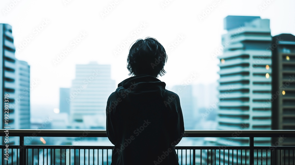 Fototapeta premium Silhouette of woman watching city skyline at dusk from balcony