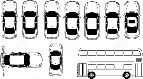 Car top view illustration, vehicle silhouette drawing, transportation vector design, double decker bus artwork, traffic arrangement sketch, automotive graphic artwork