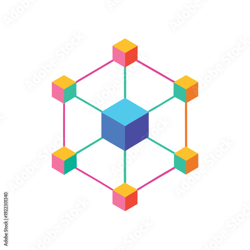 Colorful Blockchain Cube Network Technology Concept Line Art Vector illustration