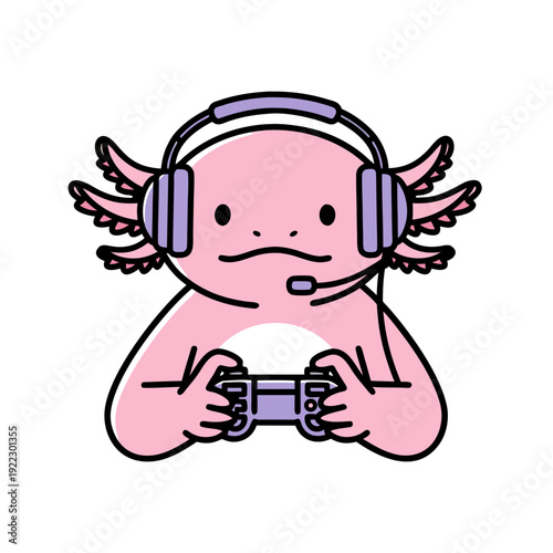 A cartoon axolotl wearing headphones and playing video games with a controller in a simple illustration style