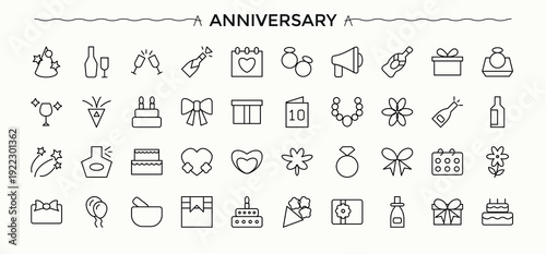 Anniversary icon collection. Modern icons collection. Contain linear sign decoration, festival, party, event, holiday, celebrate, fun. Editable stroke. Vector collection. Party icon set.