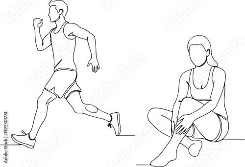 Line of a man running and a woman sitting with leg pain line running