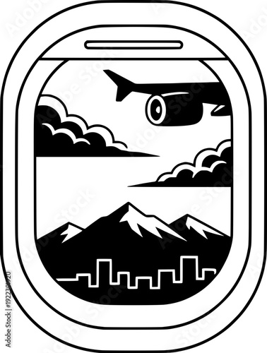 View from airplane window looking at mountains and city skyline. Black and white minimalist vector illustration of aircraft wing, clouds, and landscape. Travel concept art.