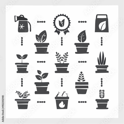 Various potted plants and gardening icons displayed in a grid arrangement showcasing different growth stages and types of foliage