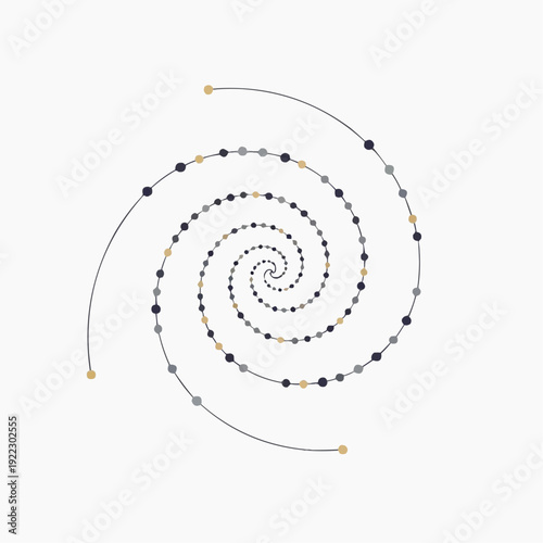 A minimalist abstract spiral design with colored dots on a light background, illustrating a geometric progression and mathematical elegance.