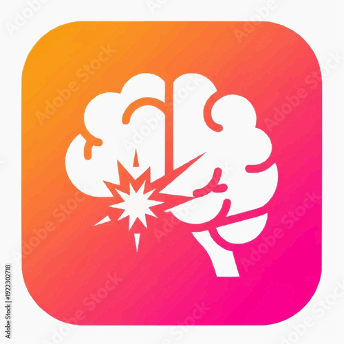 White brain icon with a burst symbol on a vibrant orange and pink gradient background, suggesting pain or a neurological event.