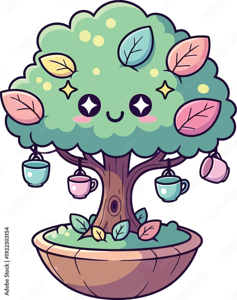 Fototapeta premium Cartoon Tree Character with Colorful Fruits in Pot