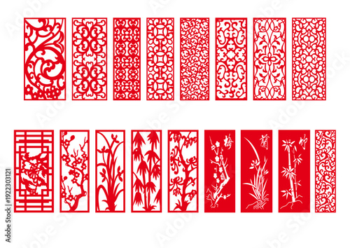 Chinese Traditional Red Botanical Panel Collection with Classical Four Gentlemen Plum Blossom Bamboo Orchid Chrysanthemum and Floral Lattice Screen Designs Vector Set