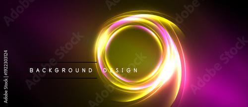Neon circles overlap, creating vibrant glow. Purple, yellow hues dominate dark background. Text reads background design.