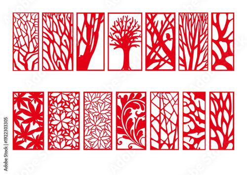 Red Silhouette Tree Nature Forest Panel Collection with Classical Bare Branch Leafy Tree Dense Foliage and Wild Botanical Landscape Screen Designs Vector Set