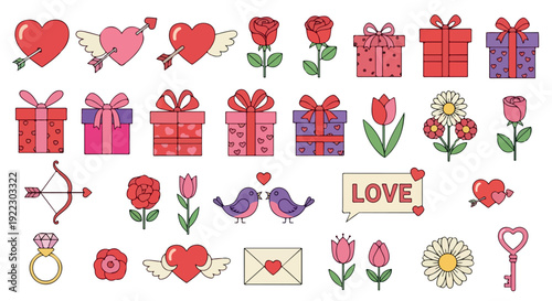 Colorful Valentine's Day icons and symbols arranged on a white background with hearts, gifts, flowers, and love-themed graphics.