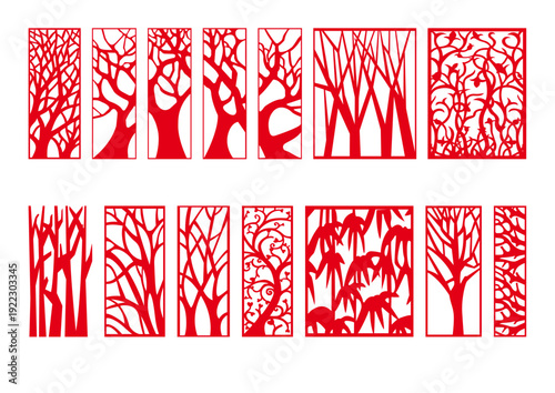 Red Silhouette Mixed Forest Nature Panel Collection with Classical Dense Woodland Bare Branch Tall Tree Bamboo Grove Deer Scenic and Wild Landscape Screen Designs Vector Set