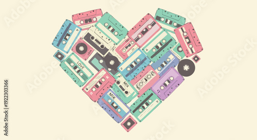 Colorful heart-shaped arrangement of vintage cassette tapes and vinyl records on a pale background.
