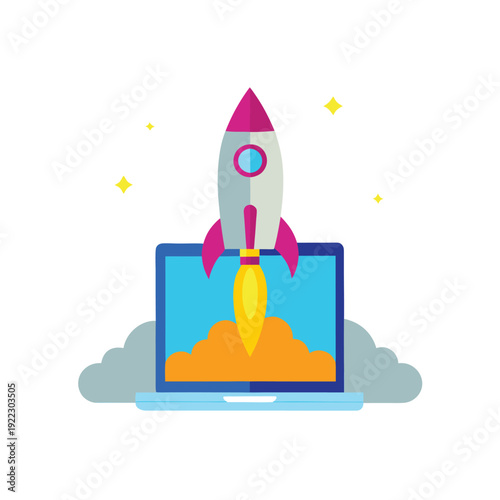 Entrepreneurship Growth Rocket Taking Off From Computer Line Art Vector illustration