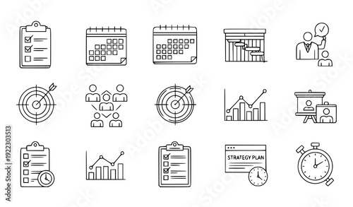 Business Project Planning Line Icon Set – Management Outline Vector Illustration