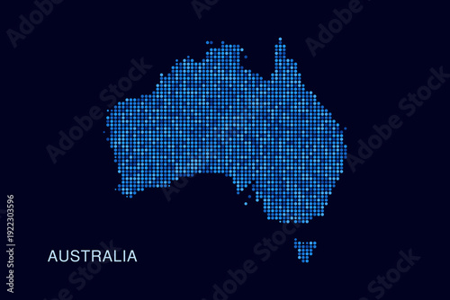 Australia Map - Blue Dotted Halftone Vector Illustration on Dark Navy Background, Abstract Circle Grid Silhouette Design for Infographic and Modern Presentation Use.