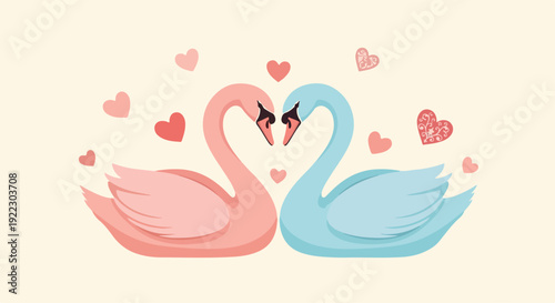 Illustration of a pink and blue swan couple surrounded by hearts on a pale background in a flat, cartoon style with a sweet and romantic mood.