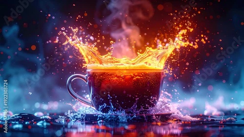 A coffee mug with liquid splashes and steam, in a vibrant, artistic display